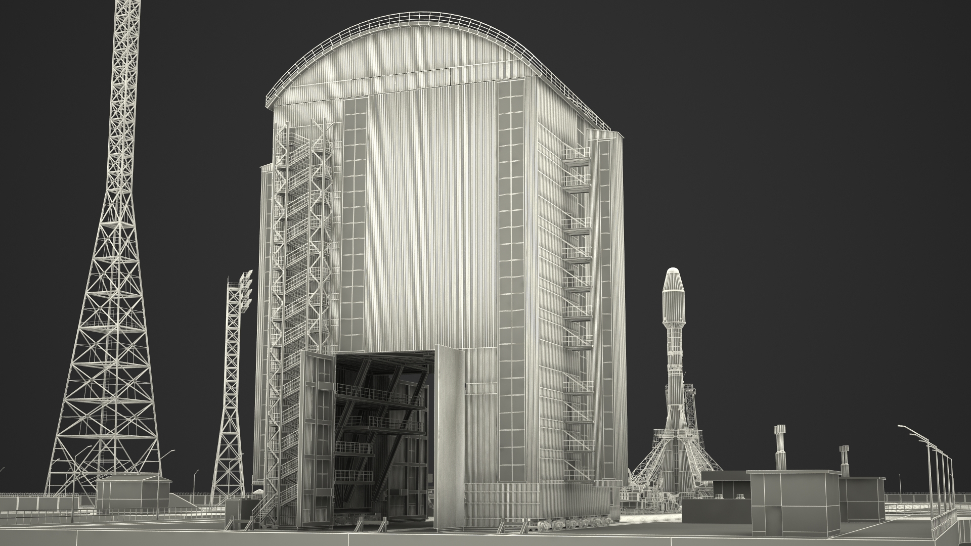 3D Vostochny Cosmodrome Spaceport with Soyuz 2 Orbital Vehicle Rigged