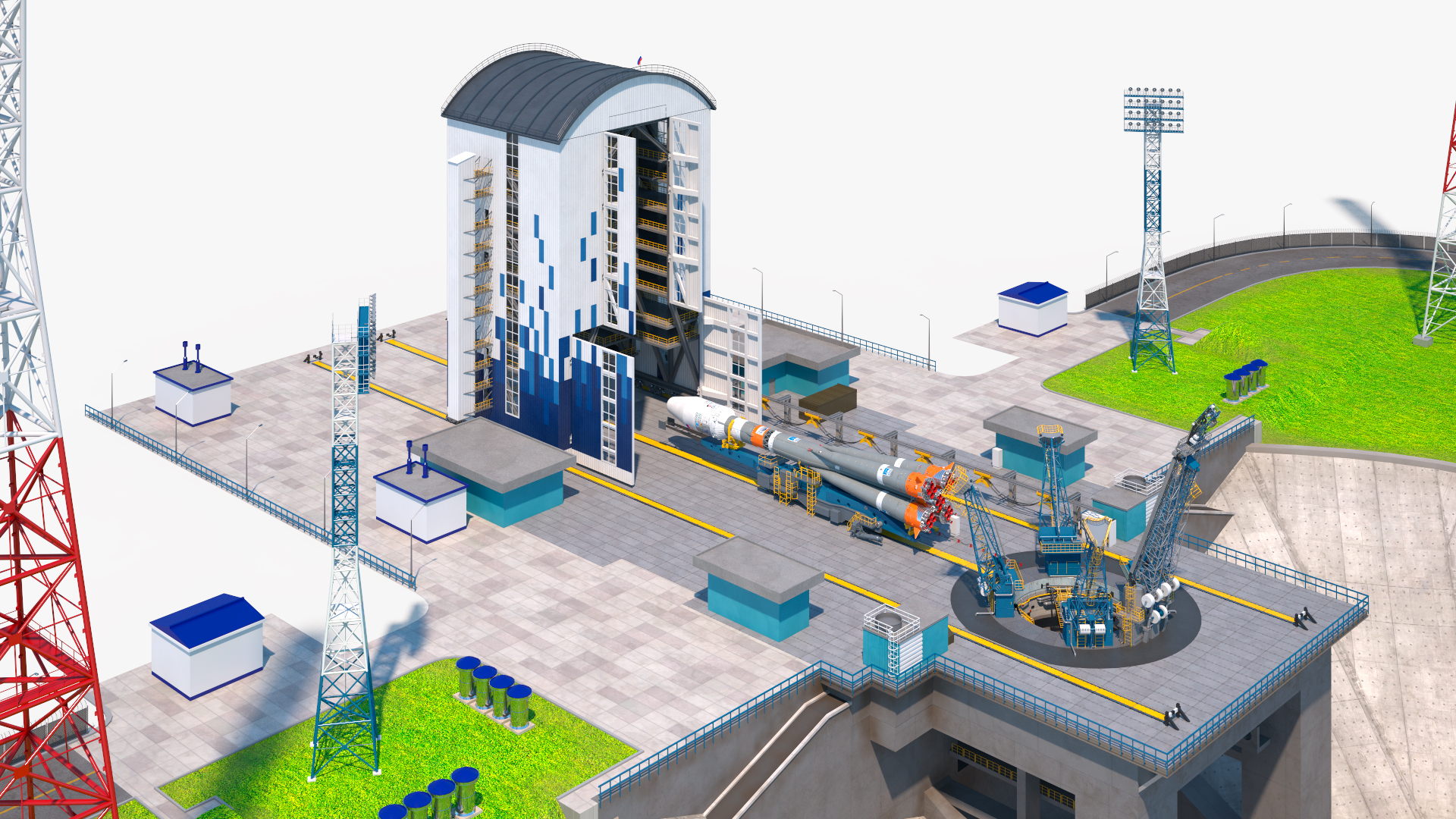 3D Vostochny Cosmodrome Spaceport with Soyuz 2 Orbital Vehicle Rigged