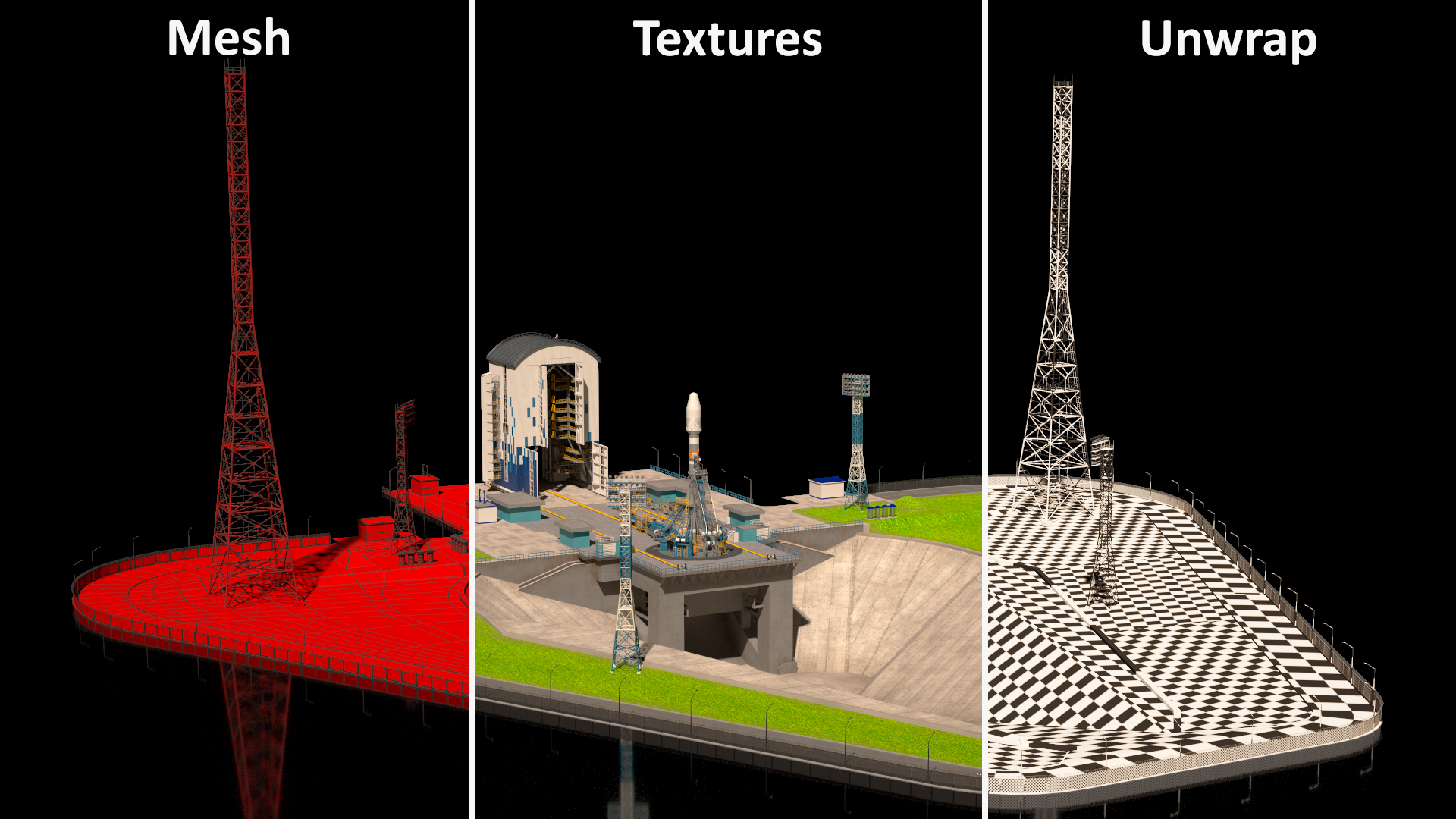 3D Vostochny Cosmodrome Spaceport with Soyuz 2 Orbital Vehicle Rigged
