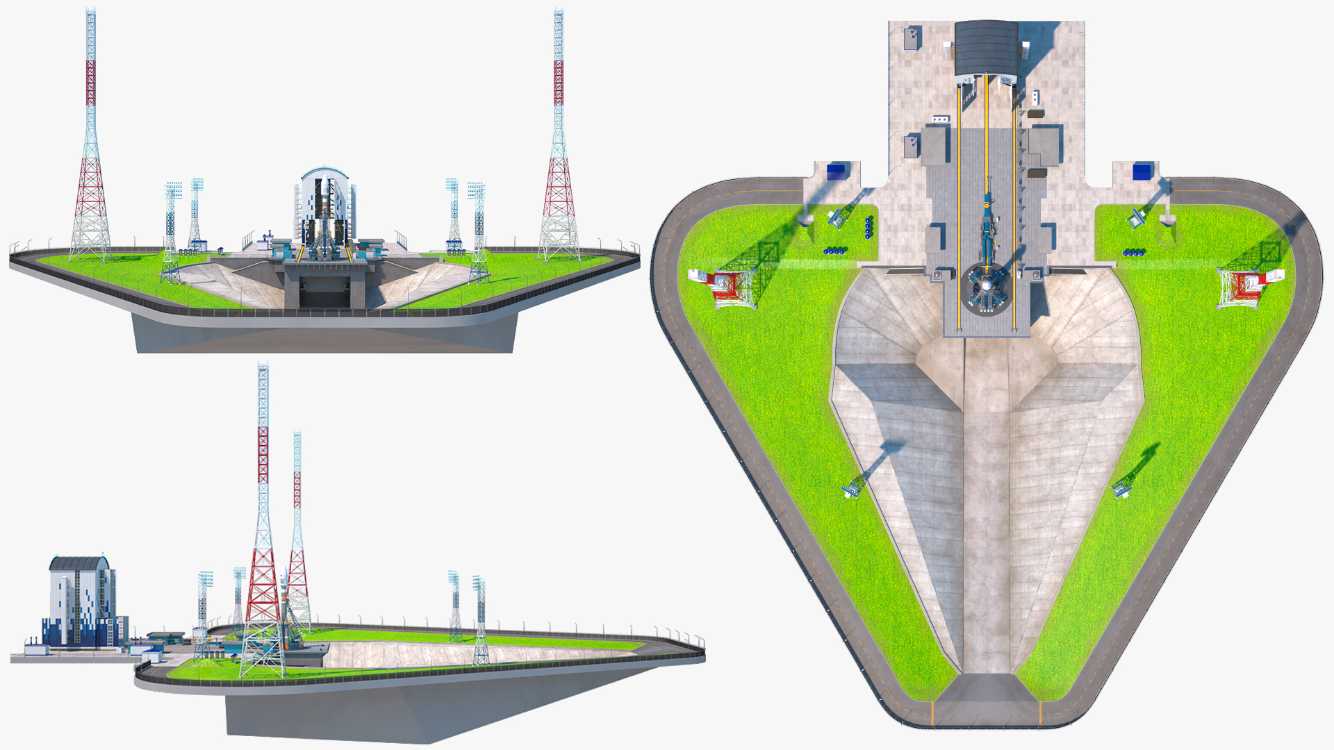 3D Vostochny Cosmodrome Spaceport with Soyuz 2 Orbital Vehicle Rigged