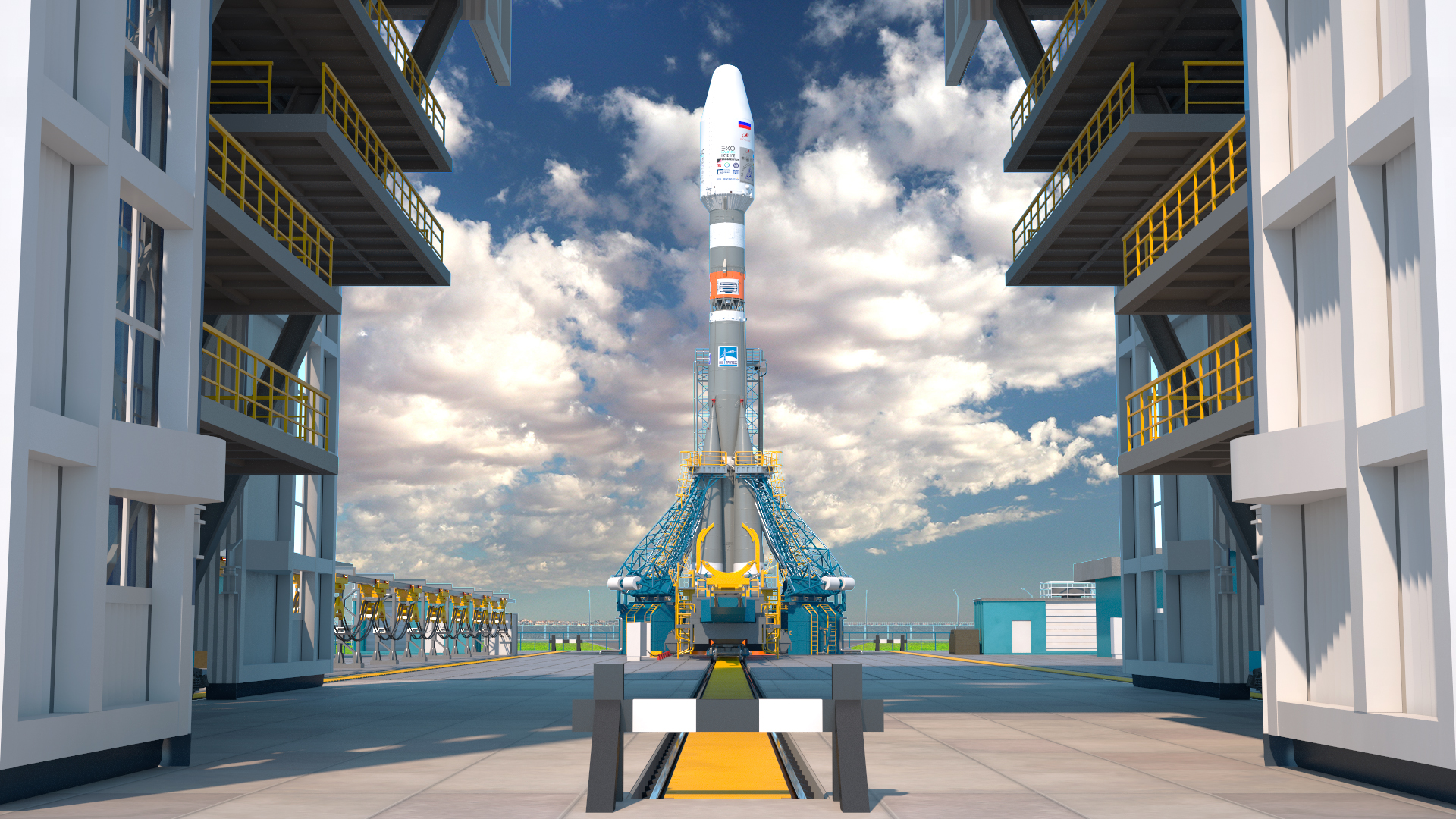 3D Vostochny Cosmodrome Spaceport with Soyuz 2 Orbital Vehicle Rigged