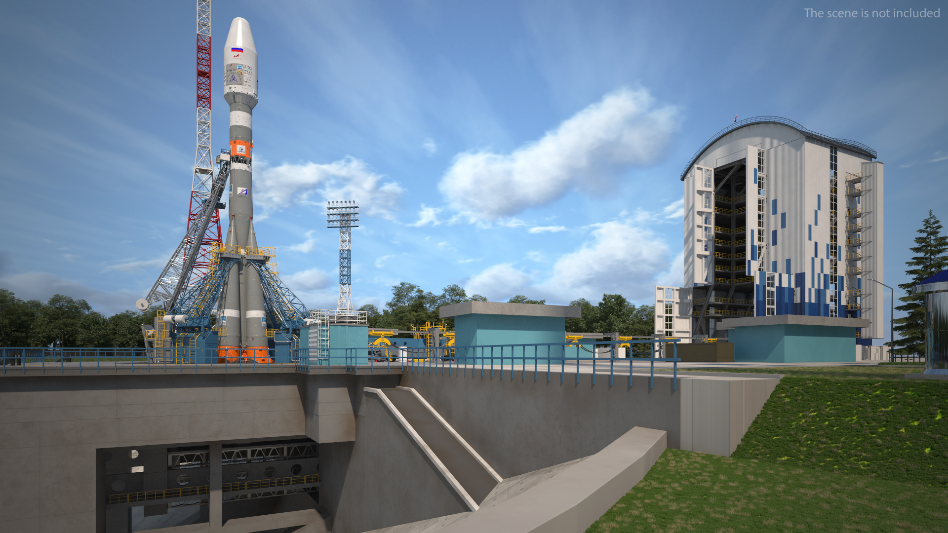 3D Vostochny Cosmodrome Spaceport with Soyuz 2 Orbital Vehicle Rigged