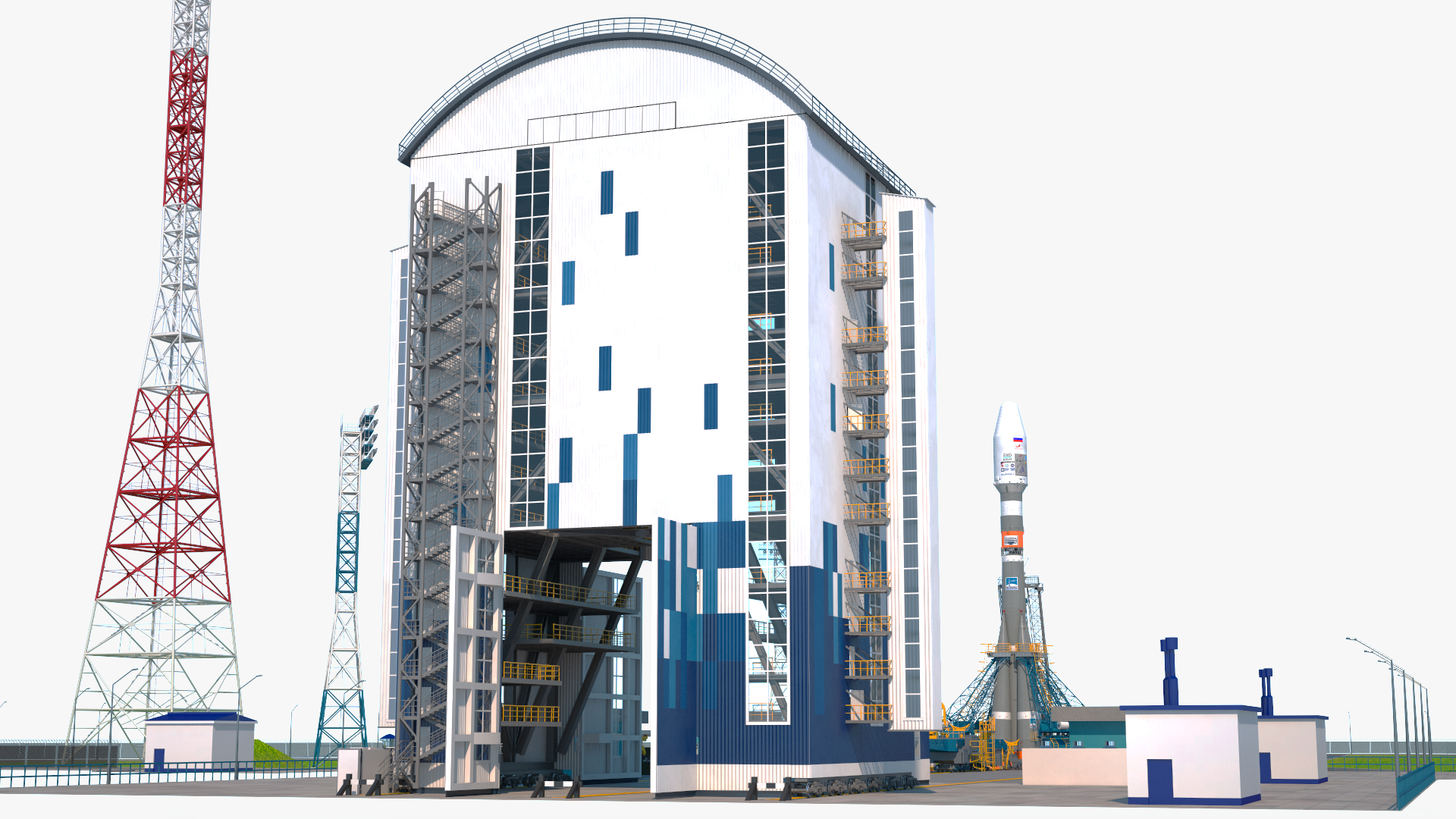 3D Vostochny Cosmodrome Spaceport with Soyuz 2 Orbital Vehicle Rigged