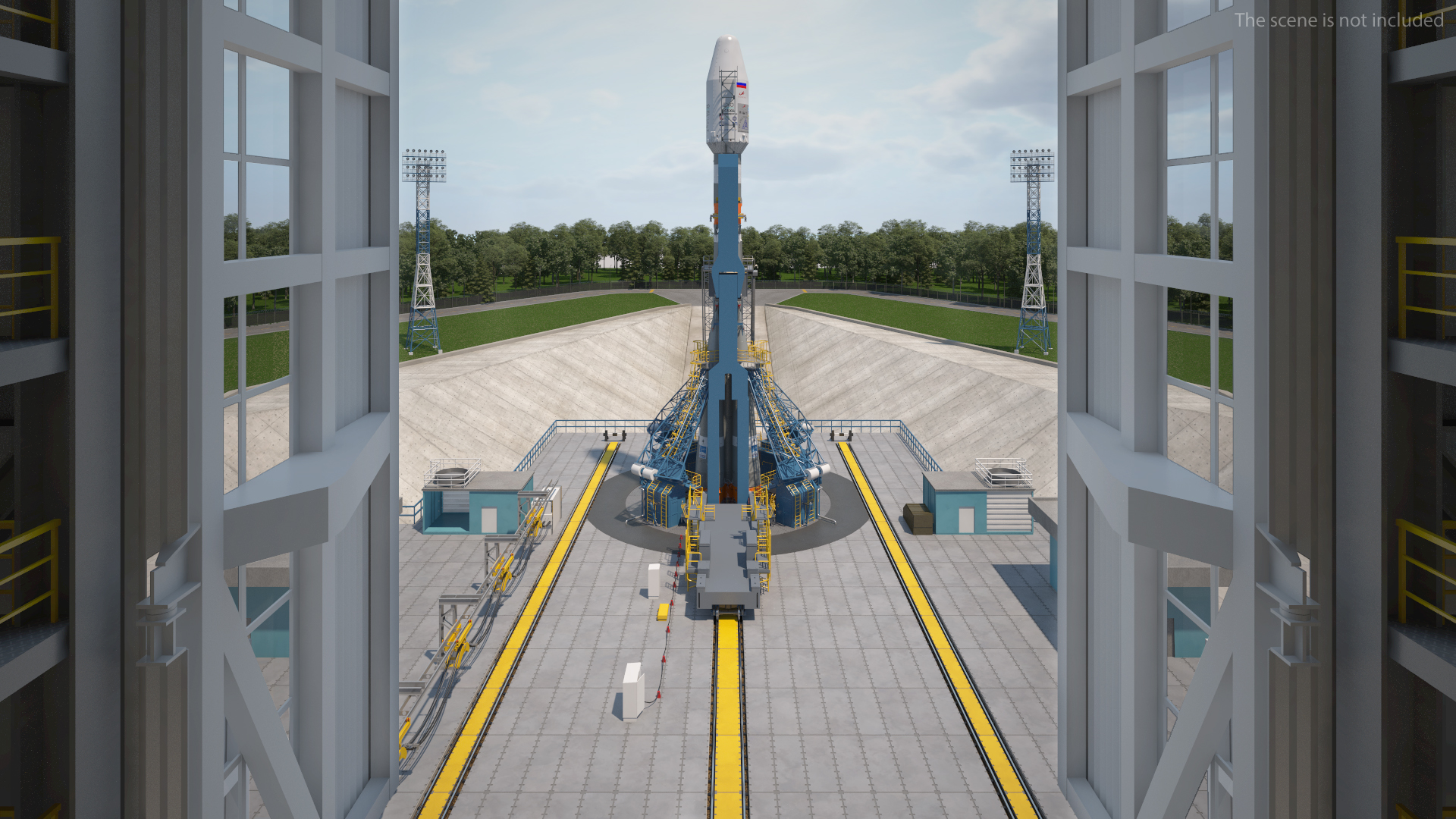 3D Vostochny Cosmodrome Spaceport with Soyuz 2 Orbital Vehicle Rigged