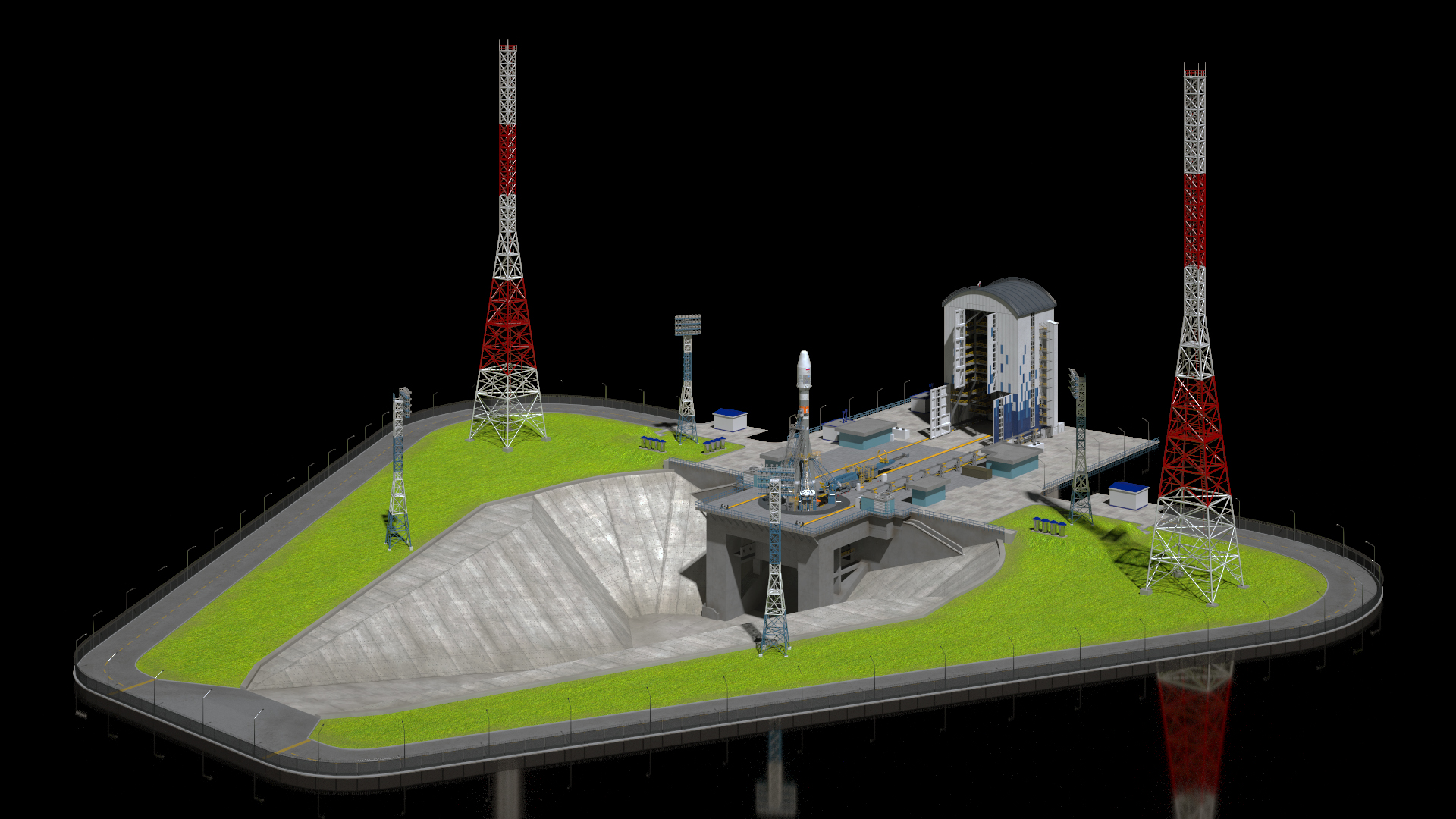 3D Vostochny Cosmodrome Spaceport with Soyuz 2 Orbital Vehicle Rigged