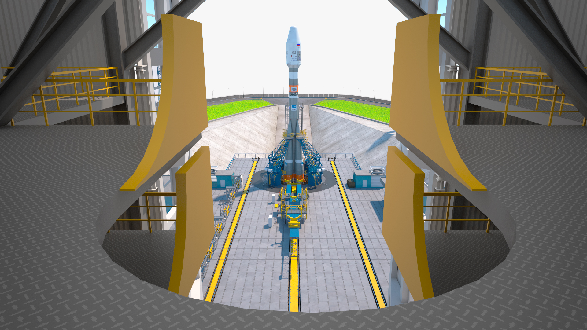 3D Vostochny Cosmodrome Spaceport with Soyuz 2 Orbital Vehicle Rigged