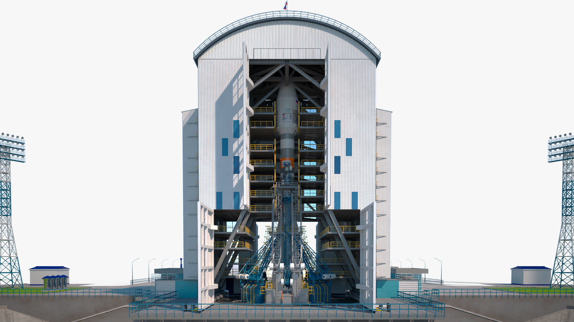 3D Vostochny Cosmodrome Spaceport with Soyuz 2 Orbital Vehicle Rigged