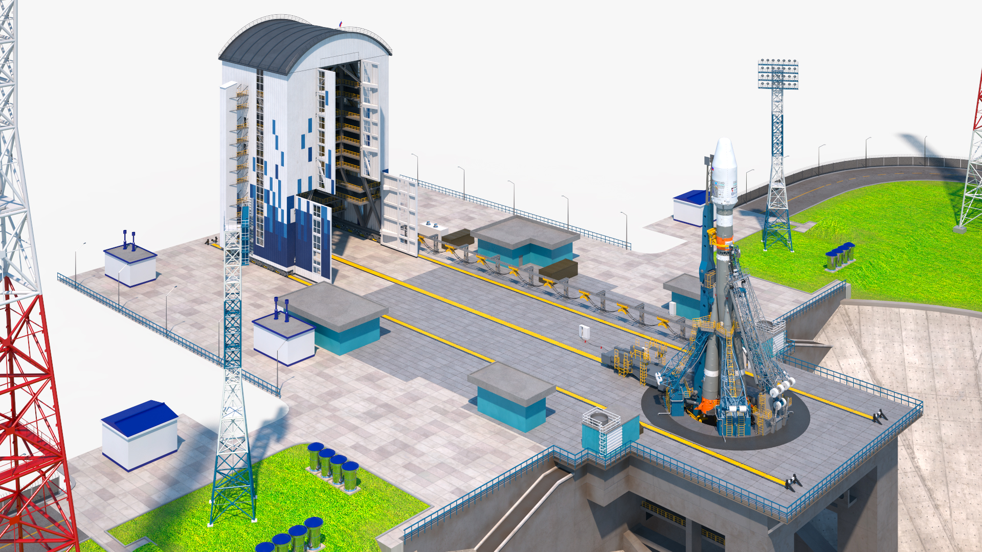 3D Vostochny Cosmodrome Spaceport with Soyuz 2 Orbital Vehicle Rigged