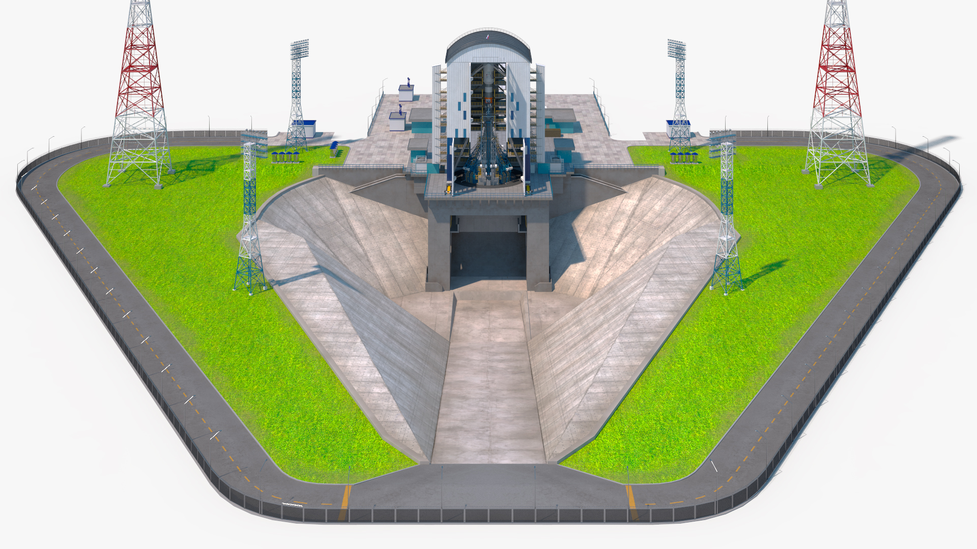 3D Vostochny Cosmodrome Spaceport with Soyuz 2 Orbital Vehicle Rigged