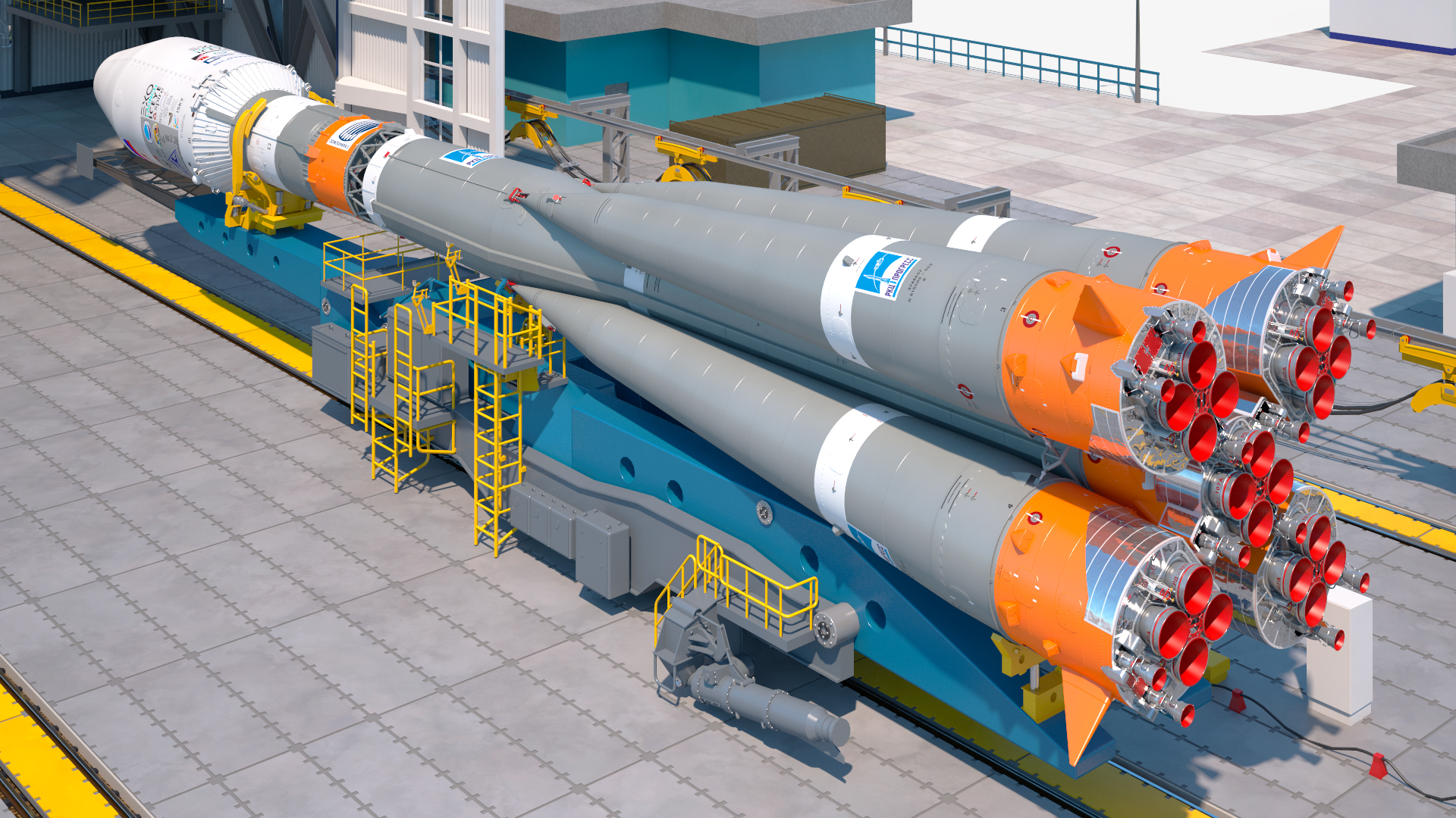 3D Vostochny Cosmodrome Spaceport with Soyuz 2 Orbital Vehicle Rigged