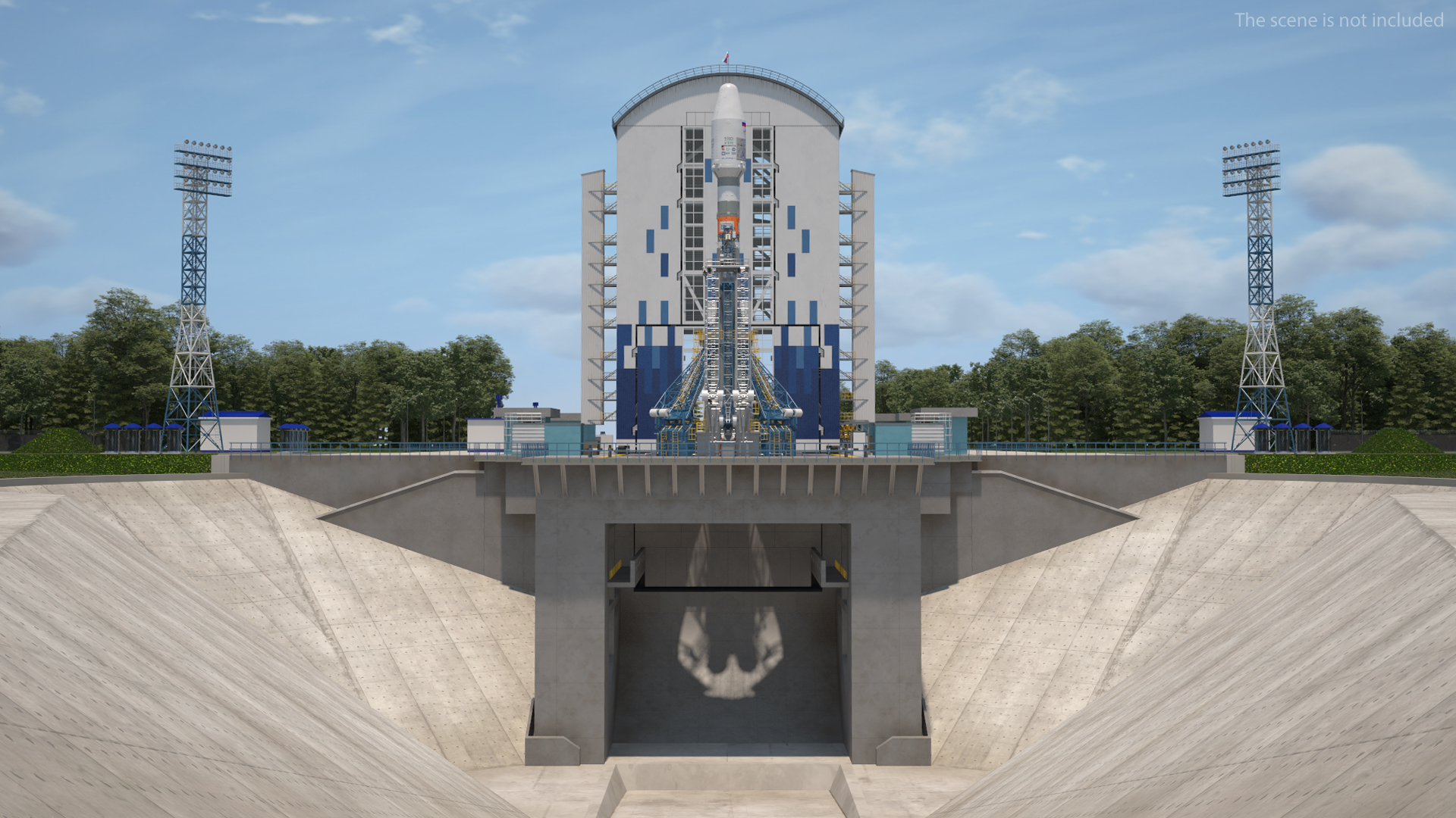 3D Vostochny Cosmodrome Spaceport with Soyuz 2 Orbital Vehicle Rigged