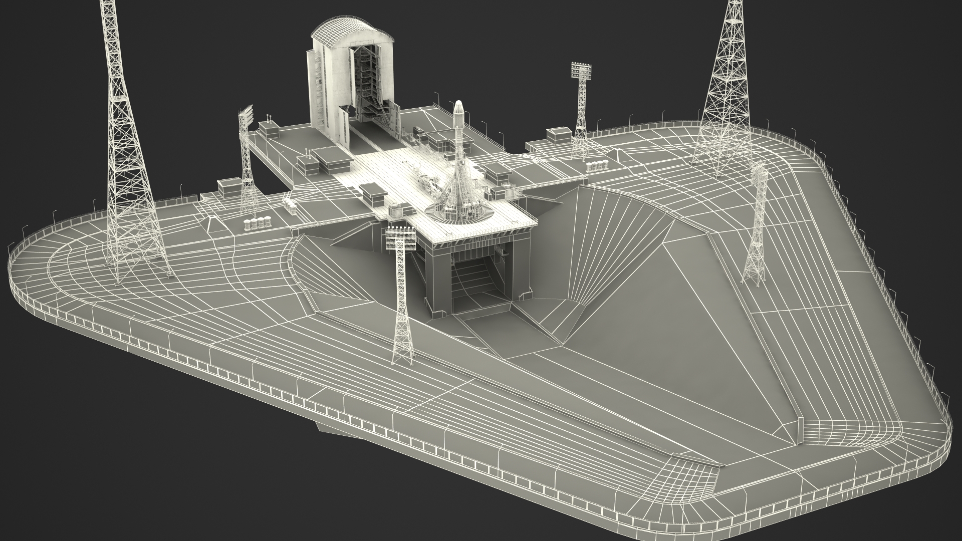 3D Vostochny Cosmodrome Spaceport with Soyuz 2 Orbital Vehicle Rigged