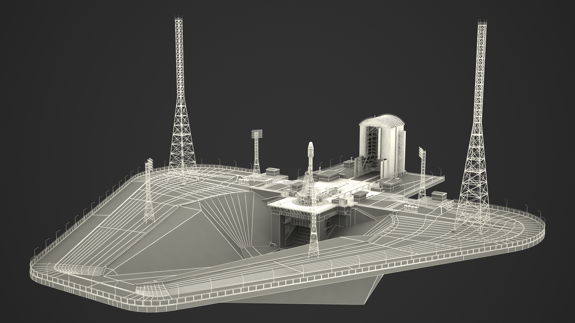 3D Vostochny Cosmodrome Spaceport with Soyuz 2 Orbital Vehicle Rigged