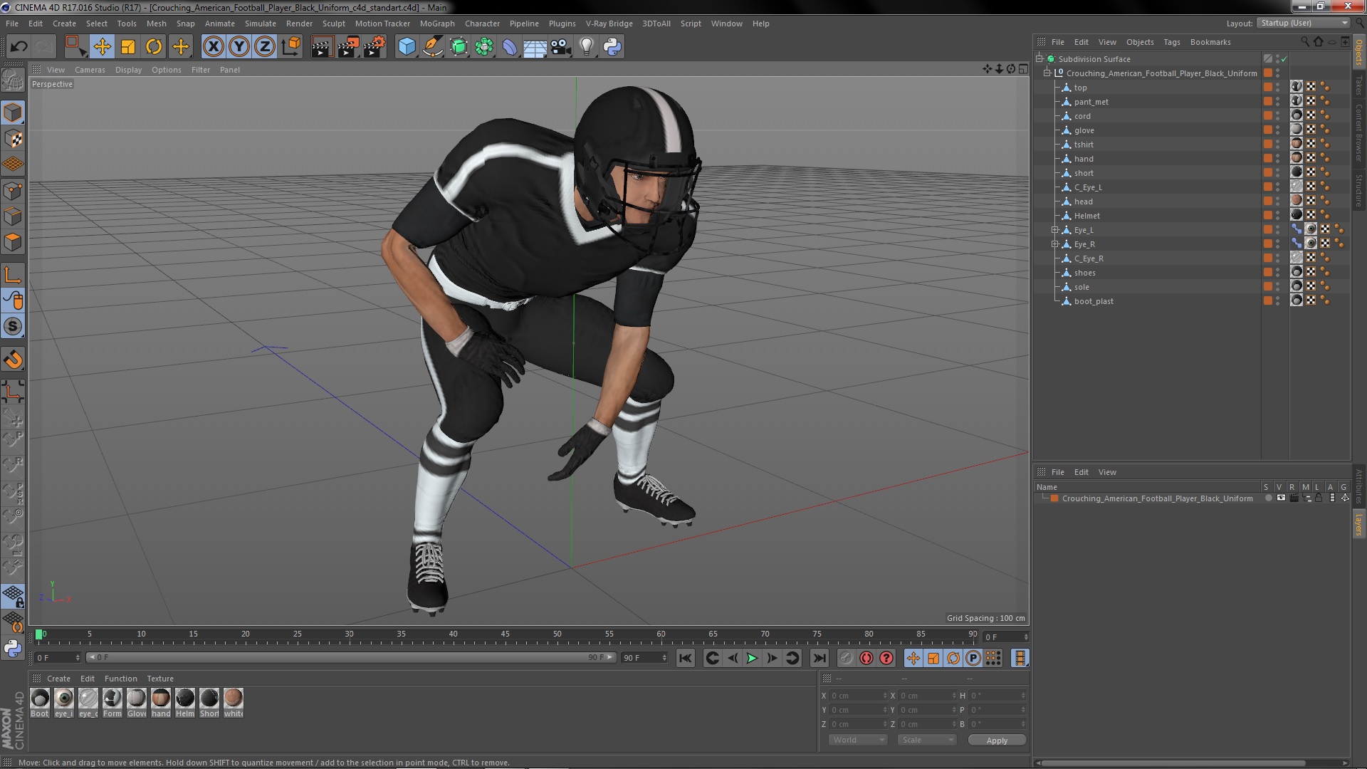 3D Crouching American Football Player Black Uniform model