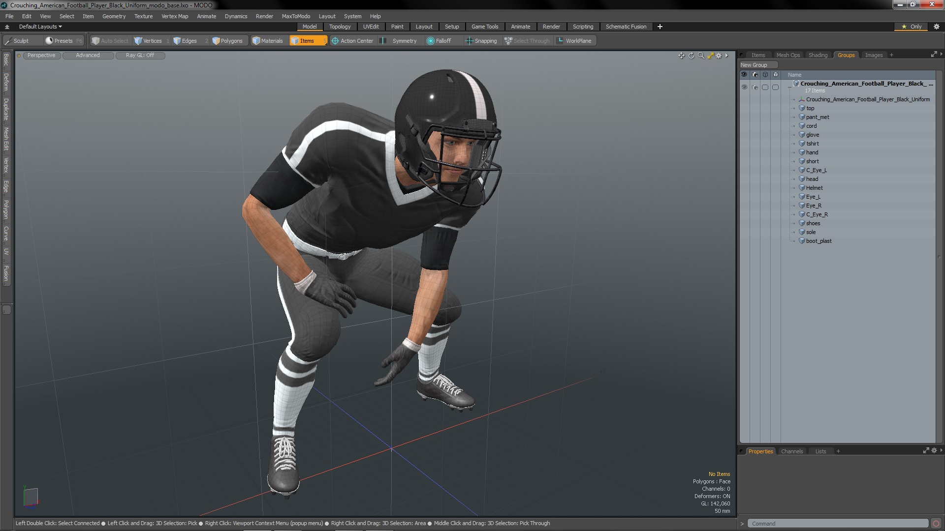3D Crouching American Football Player Black Uniform model
