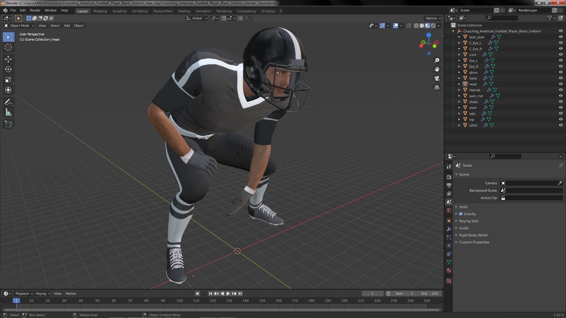 3D Crouching American Football Player Black Uniform model