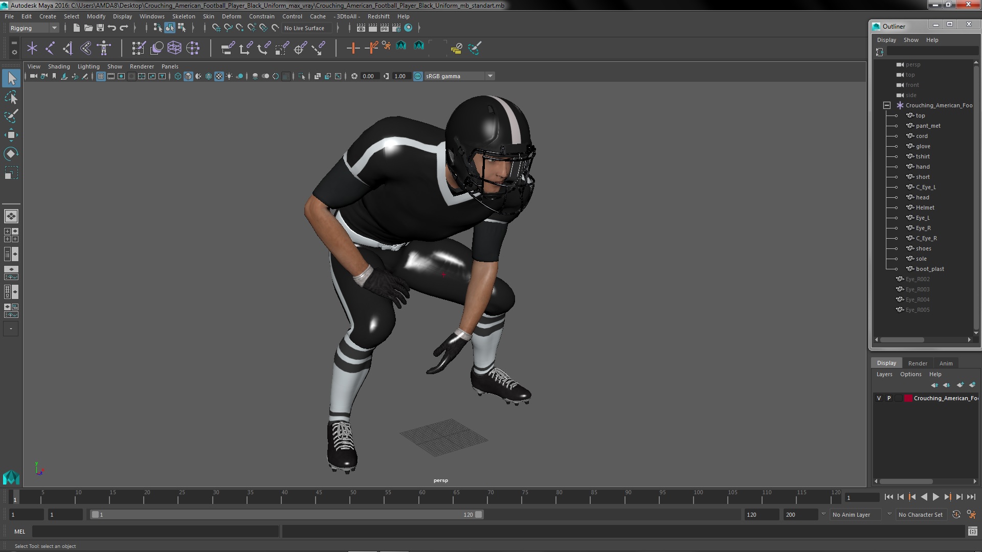 3D Crouching American Football Player Black Uniform model