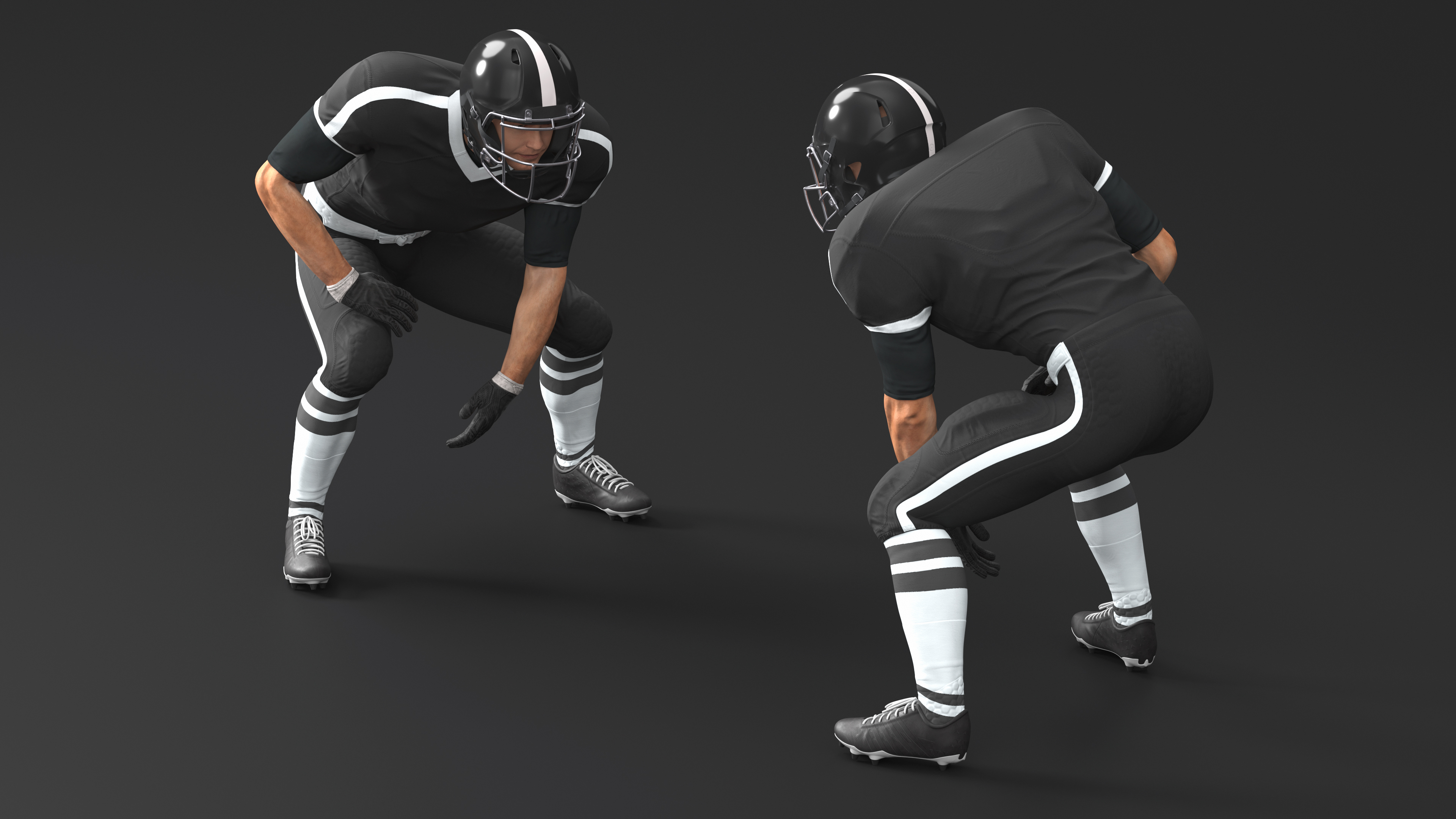 3D Crouching American Football Player Black Uniform model