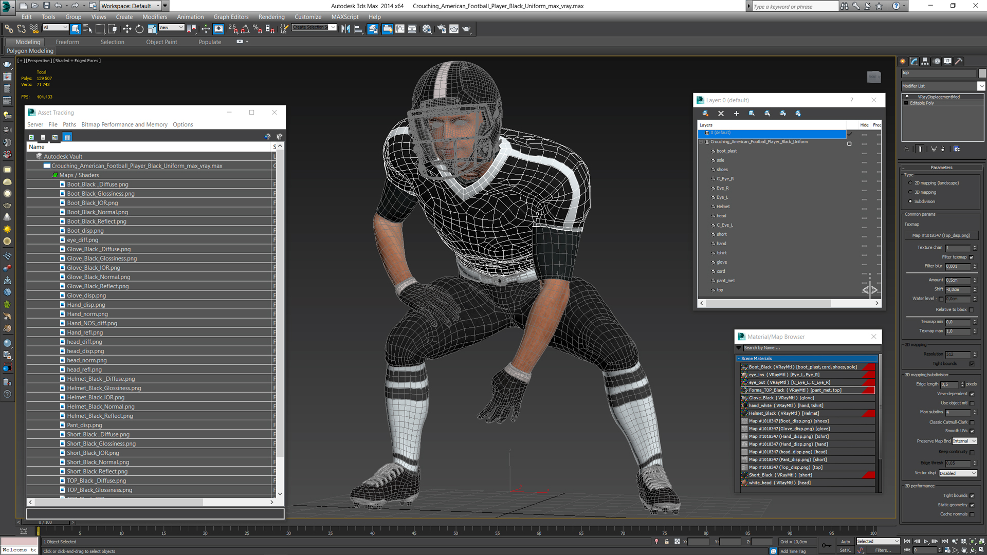 3D Crouching American Football Player Black Uniform model