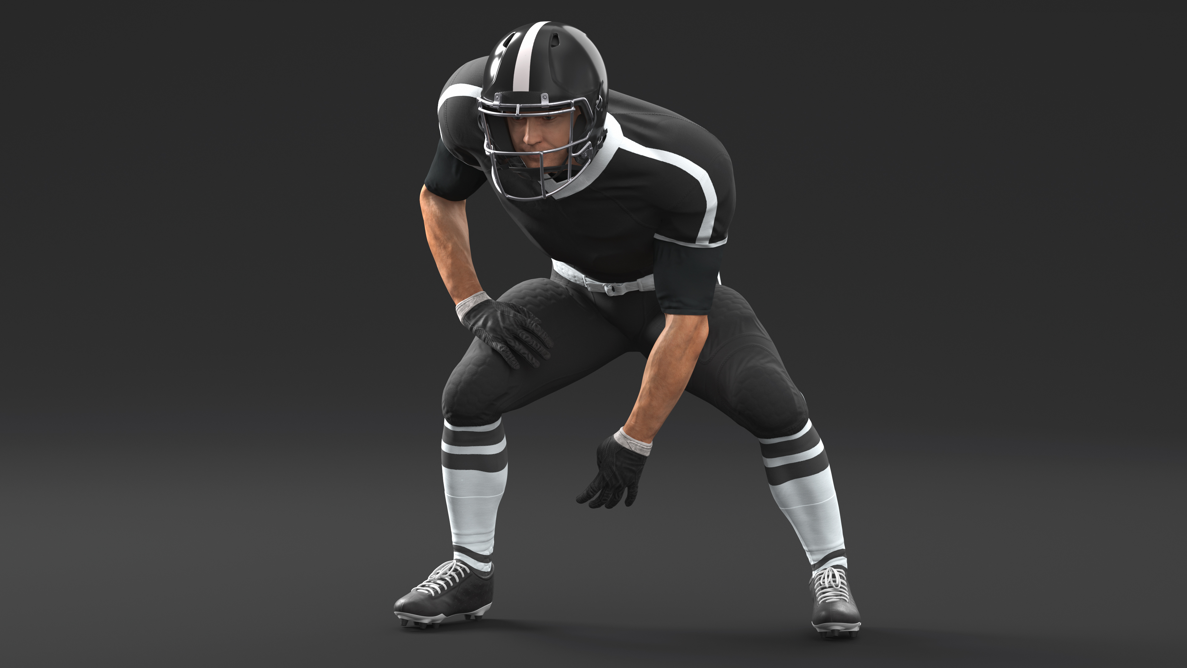 3D Crouching American Football Player Black Uniform model