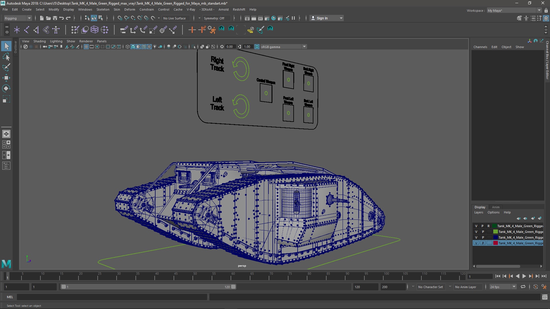 3D Tank MK 4 Male Green Rigged for Maya
