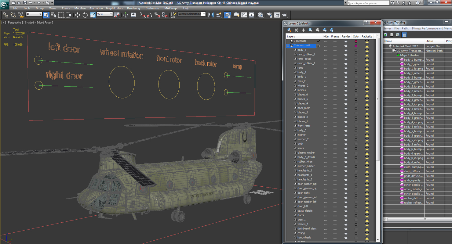 3D US Army Transport Helicopter CH 47 Chinook Rigged for Maya model