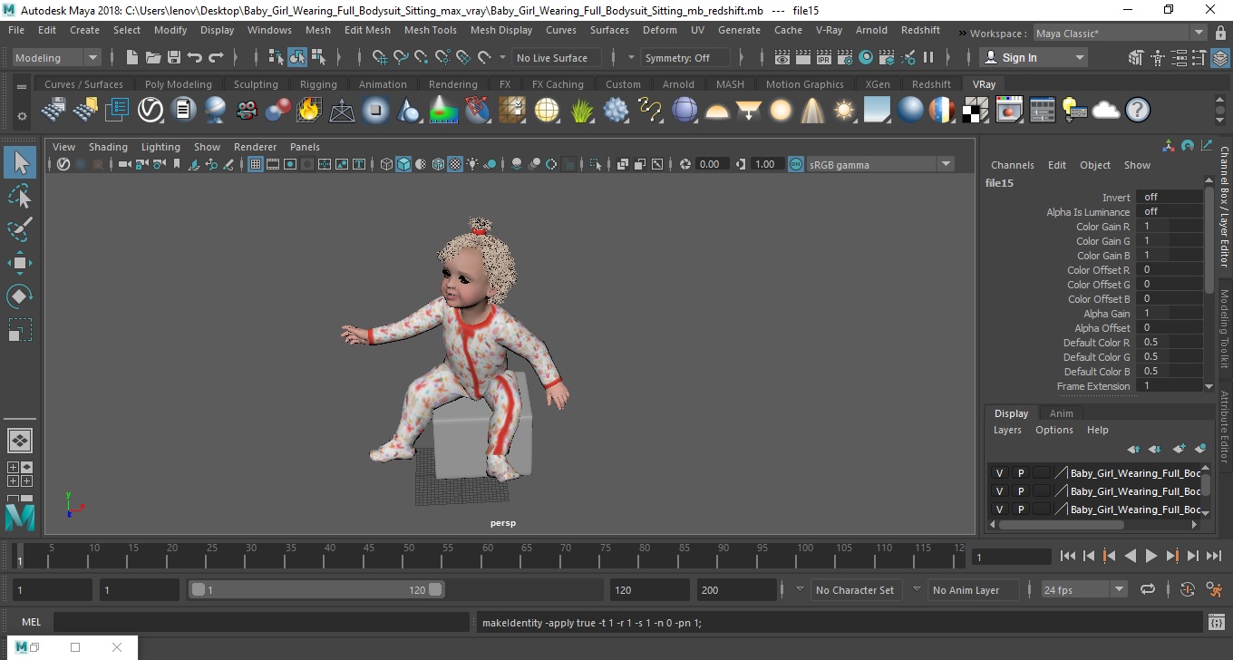 Baby Girl Wearing Full Bodysuit Sitting 3D model