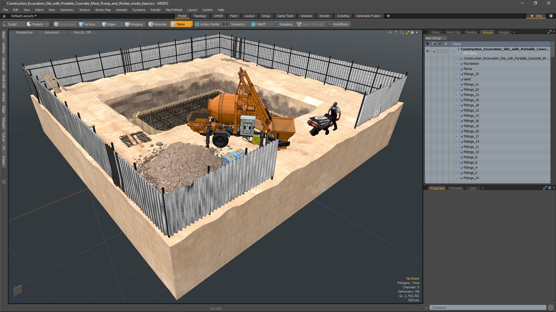 3D Construction Excavation Site with Portable Concrete Mixer Pump and Worker model