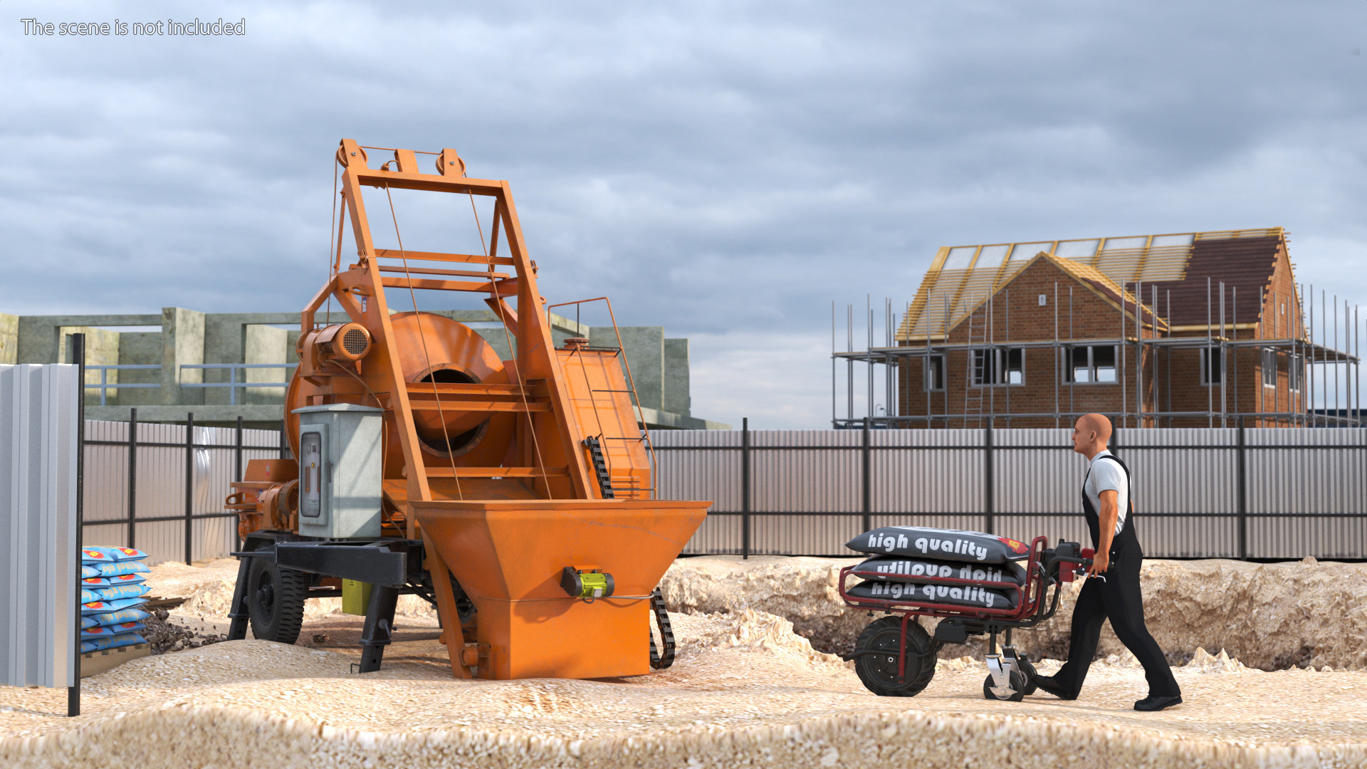 3D Construction Excavation Site with Portable Concrete Mixer Pump and Worker model