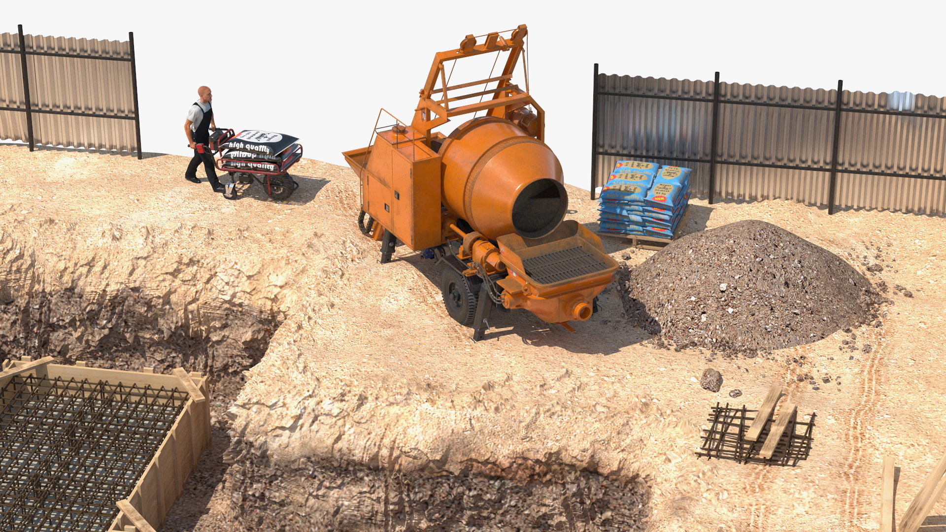 3D Construction Excavation Site with Portable Concrete Mixer Pump and Worker model