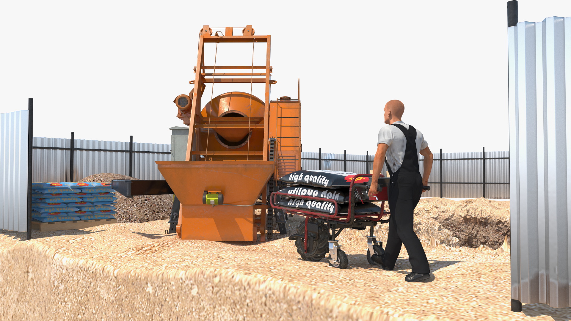 3D Construction Excavation Site with Portable Concrete Mixer Pump and Worker model