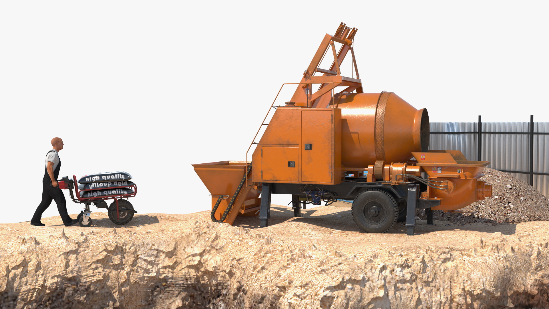 3D Construction Excavation Site with Portable Concrete Mixer Pump and Worker model