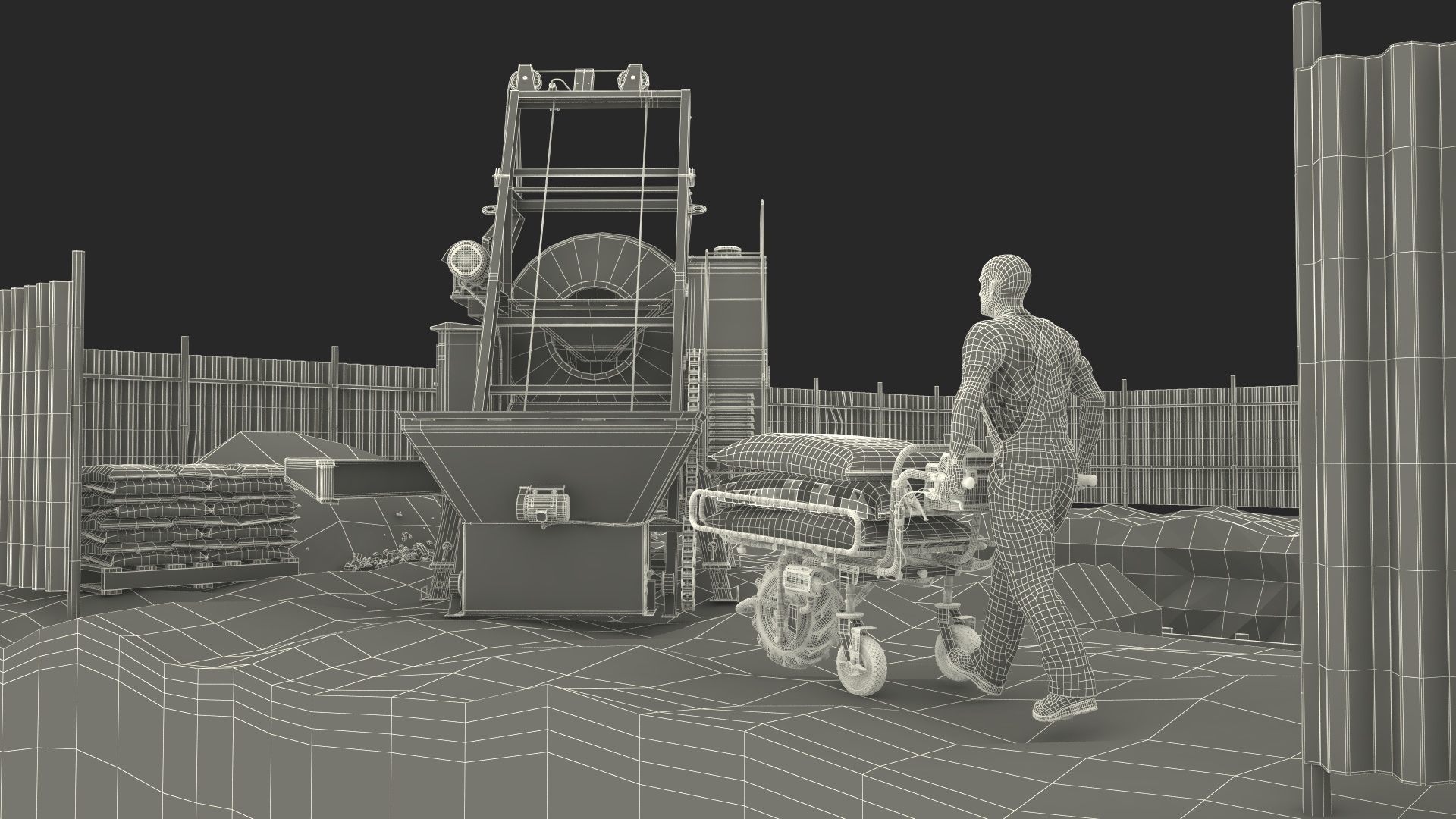 3D Construction Excavation Site with Portable Concrete Mixer Pump and Worker model