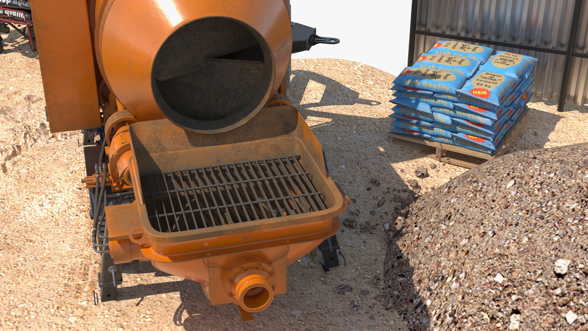 3D Construction Excavation Site with Portable Concrete Mixer Pump and Worker model