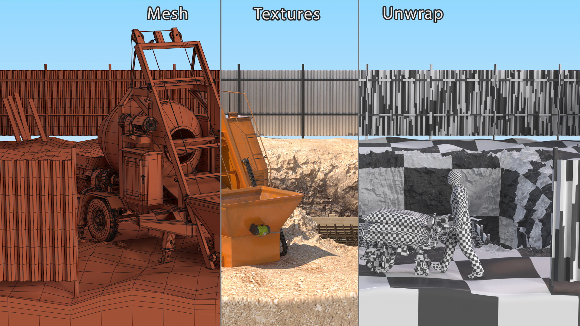 3D Construction Excavation Site with Portable Concrete Mixer Pump and Worker model