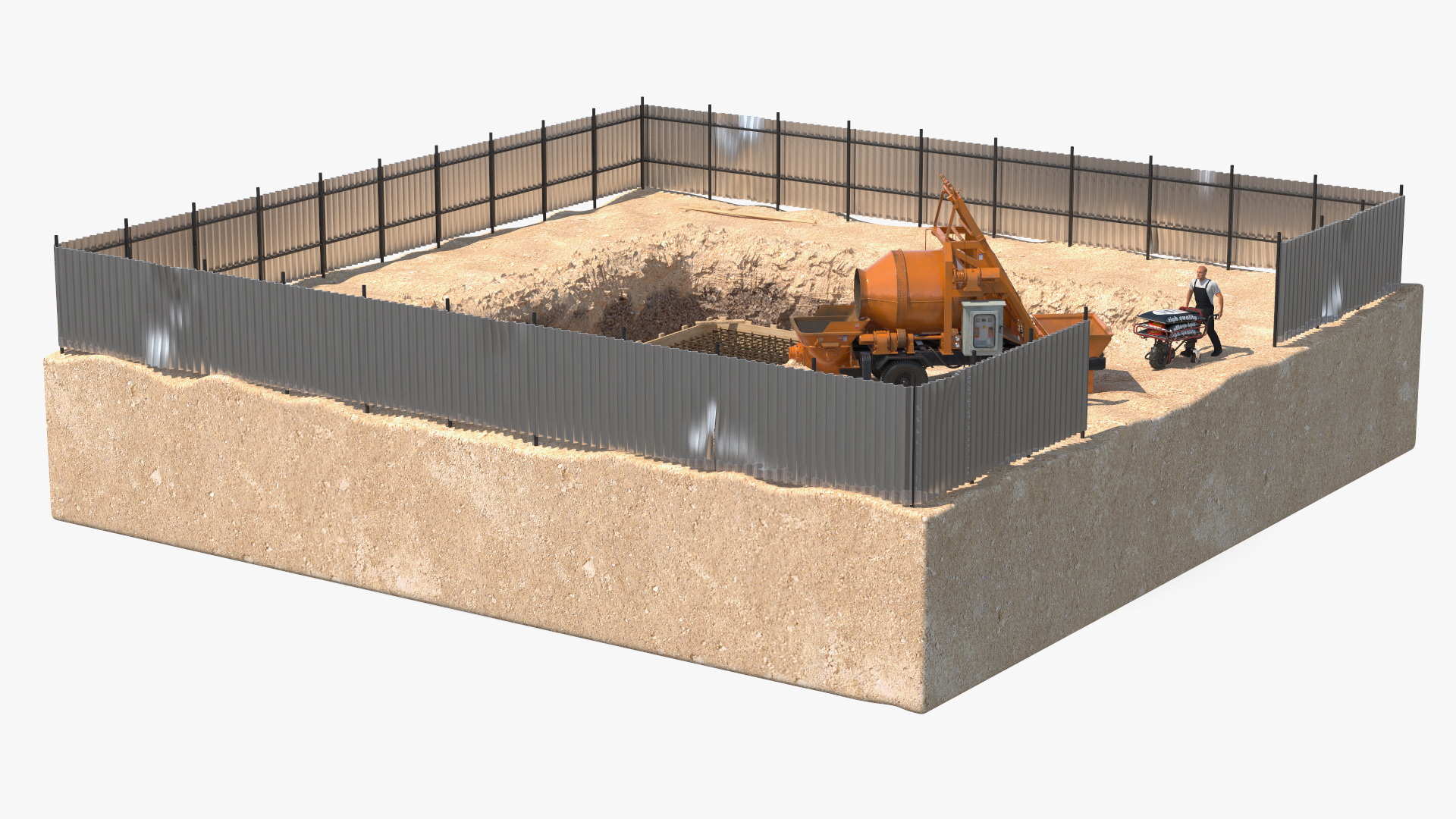 3D Construction Excavation Site with Portable Concrete Mixer Pump and Worker model