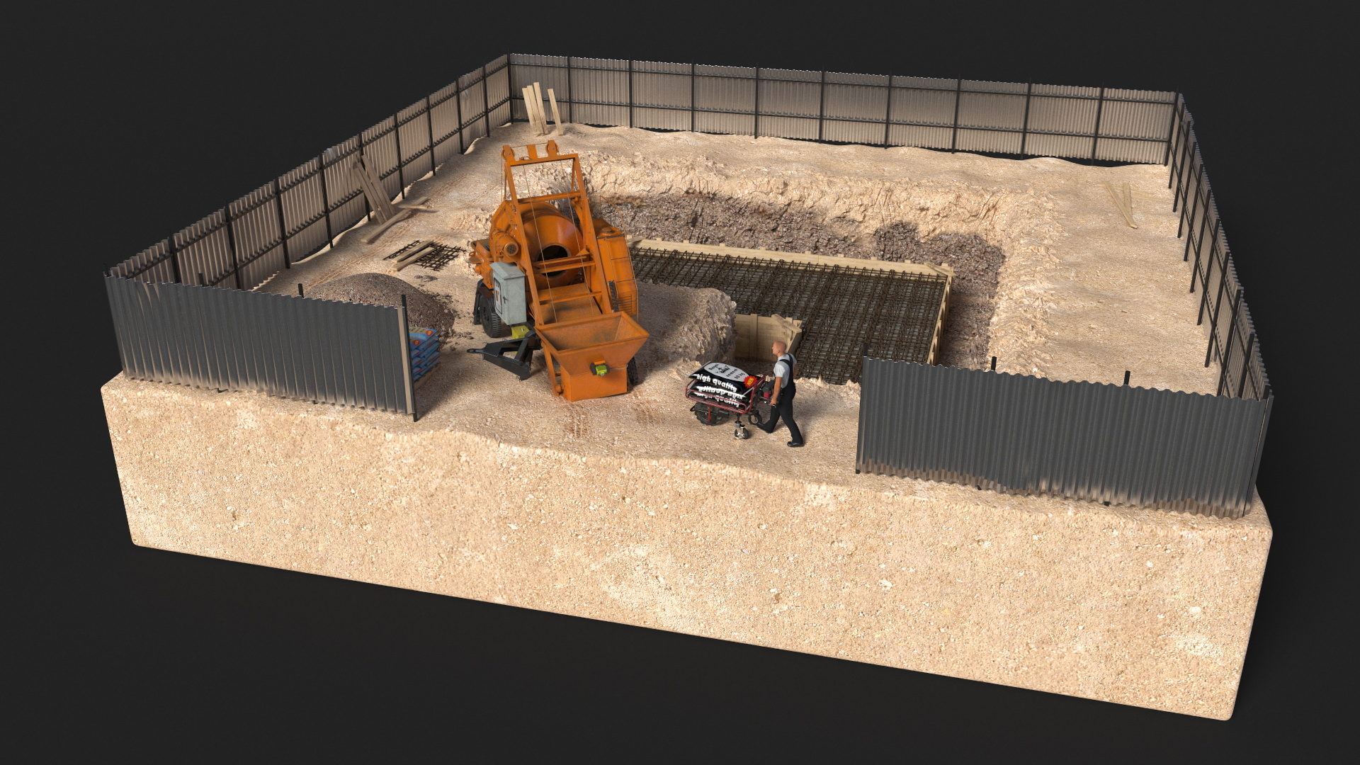 3D Construction Excavation Site with Portable Concrete Mixer Pump and Worker model