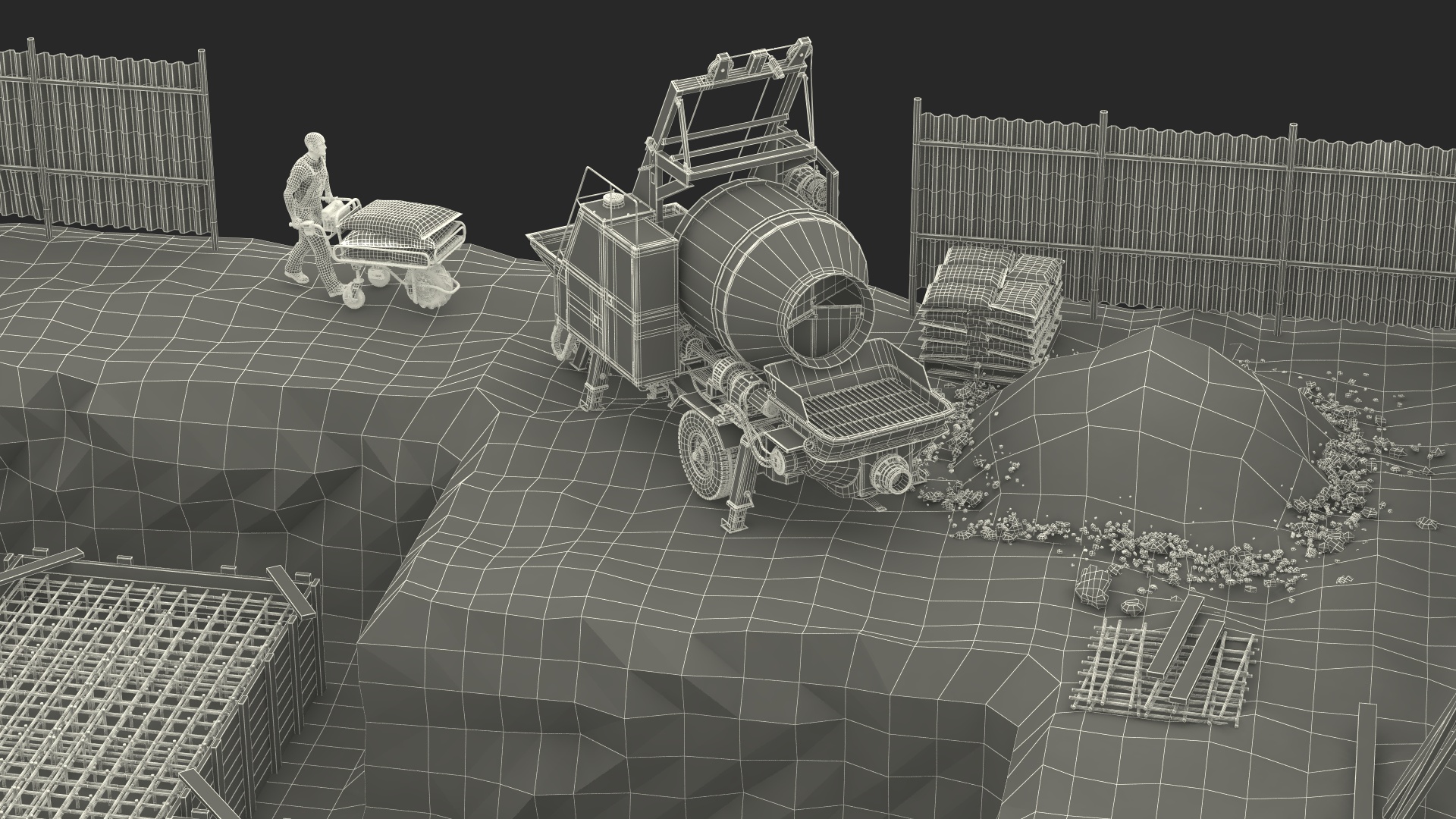 3D Construction Excavation Site with Portable Concrete Mixer Pump and Worker model