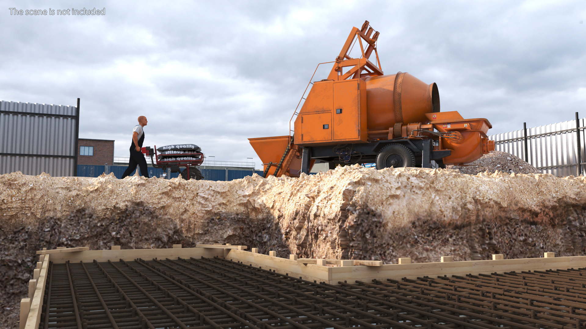 3D Construction Excavation Site with Portable Concrete Mixer Pump and Worker model