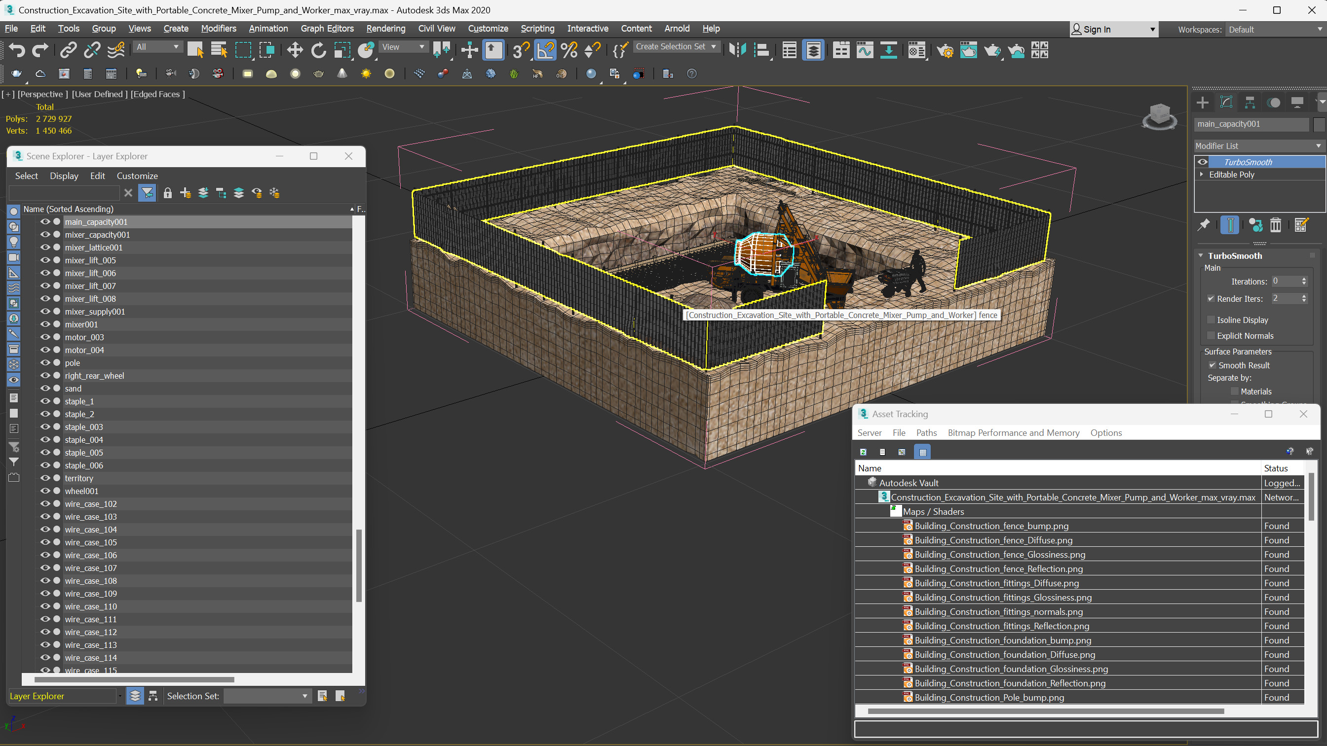 3D Construction Excavation Site with Portable Concrete Mixer Pump and Worker model