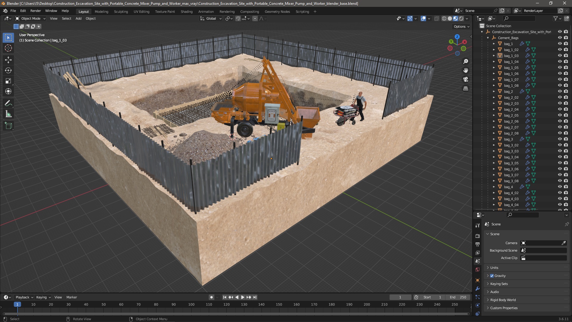 3D Construction Excavation Site with Portable Concrete Mixer Pump and Worker model