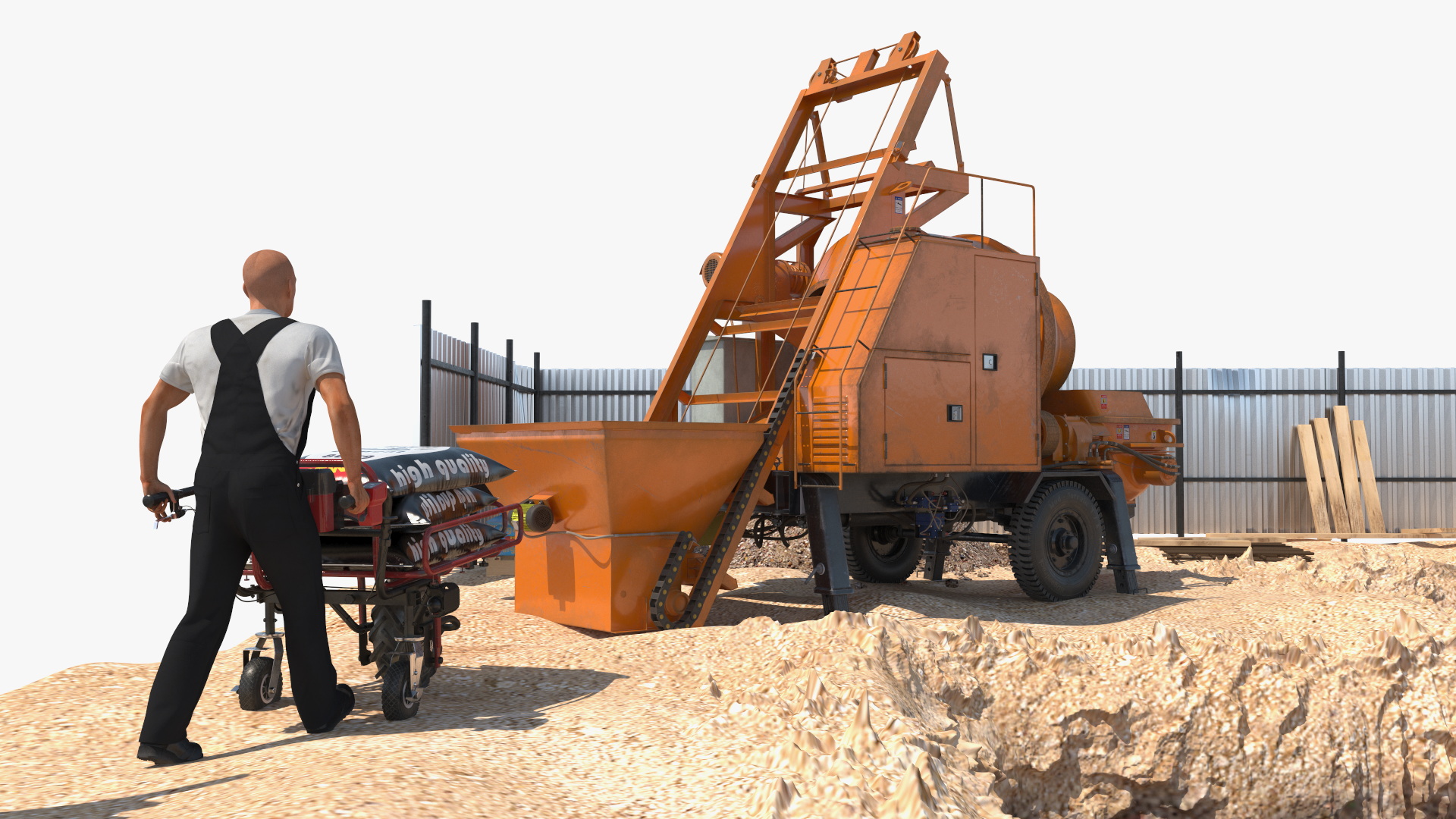 3D Construction Excavation Site with Portable Concrete Mixer Pump and Worker model