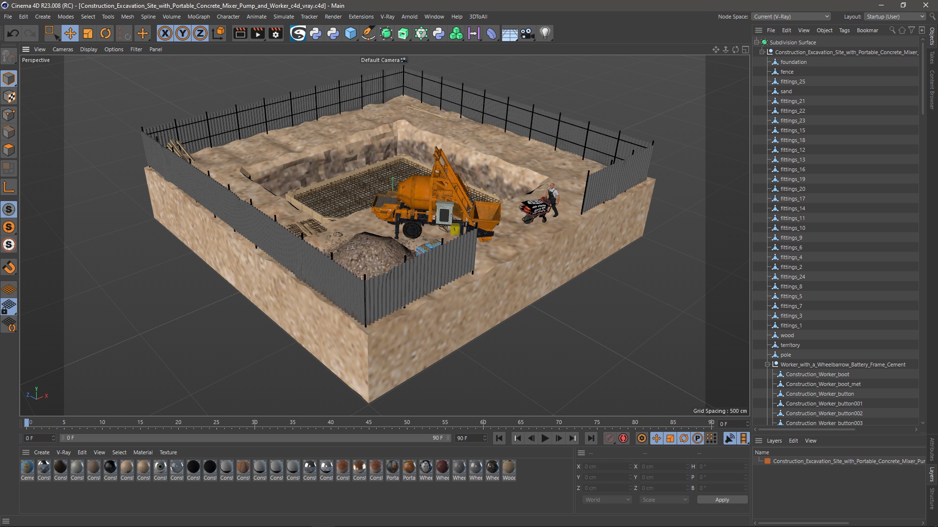 3D Construction Excavation Site with Portable Concrete Mixer Pump and Worker model