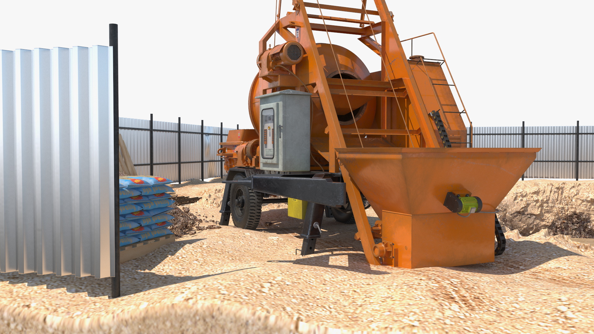 3D Construction Excavation Site with Portable Concrete Mixer Pump and Worker model