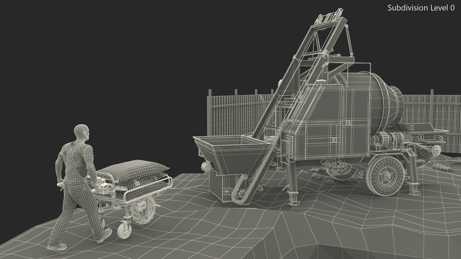 3D Construction Excavation Site with Portable Concrete Mixer Pump and Worker model