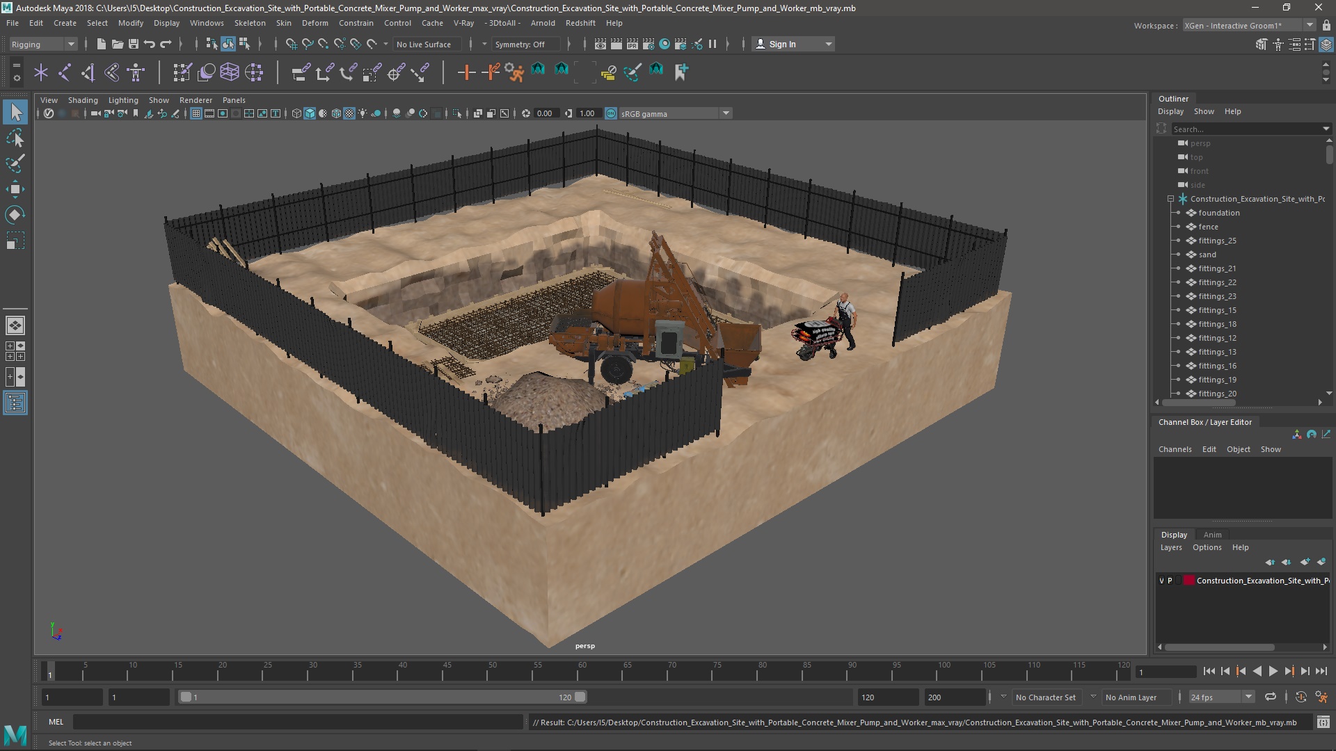 3D Construction Excavation Site with Portable Concrete Mixer Pump and Worker model