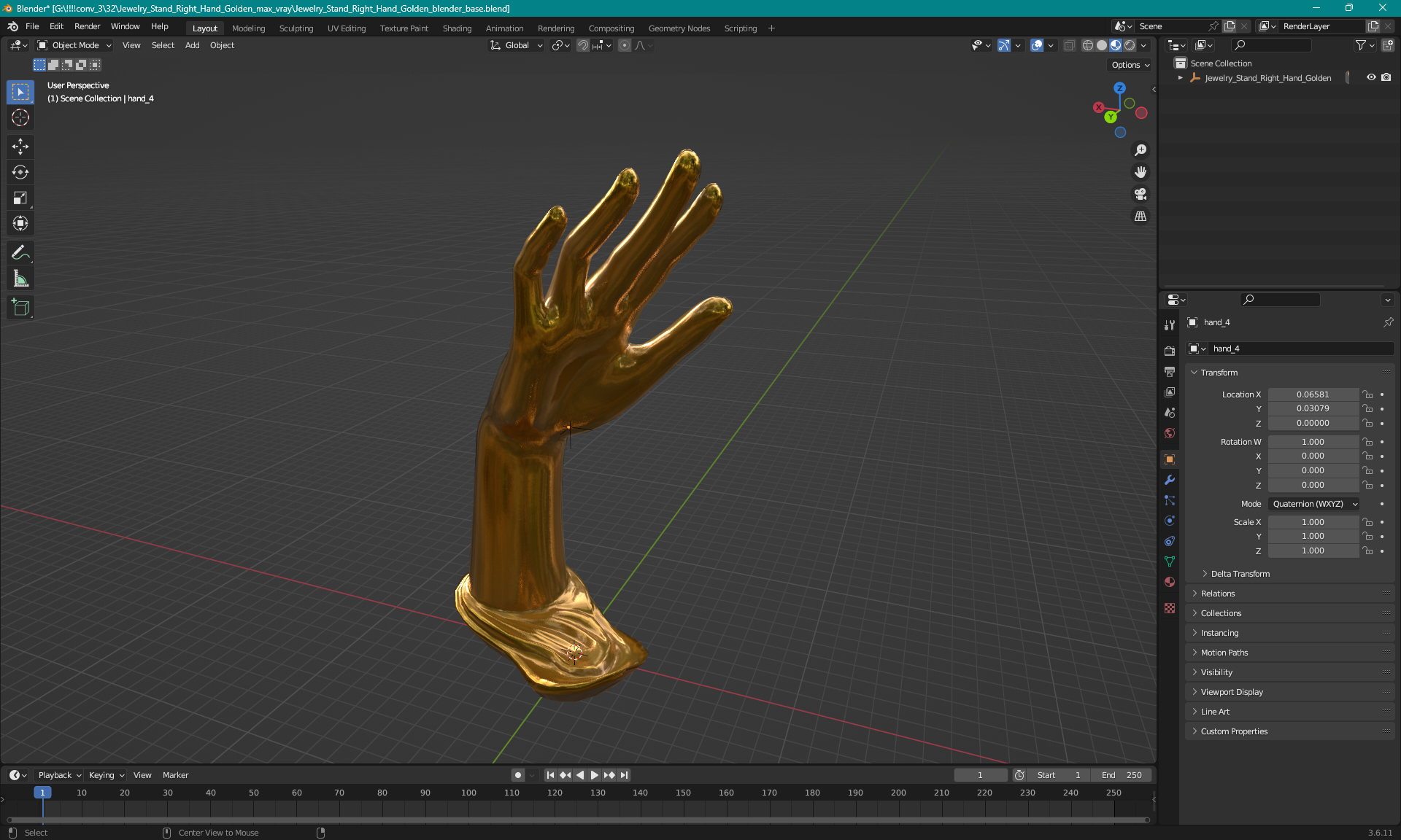 3D Jewelry Stand Right Hand Golden