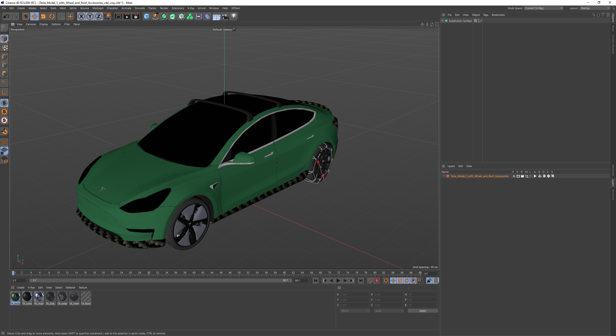 3D model Tesla Model 3 with Wheel and Roof Accessories