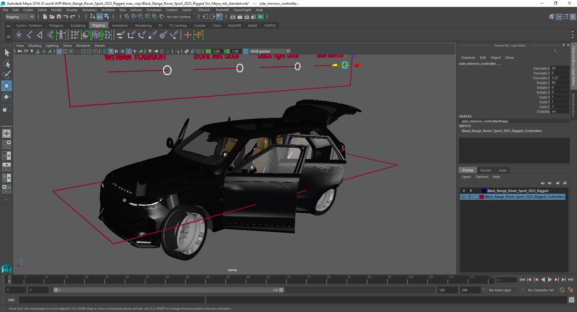 Black Range Rover Sport 2023 Rigged for Maya 3D model