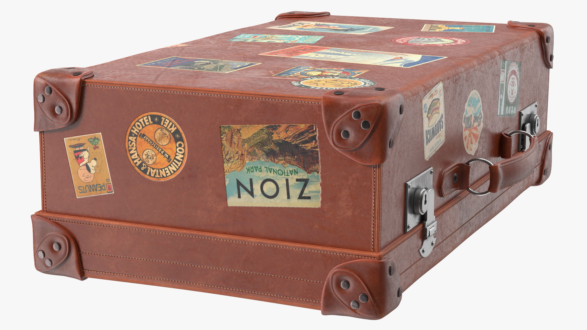 3D Vintage Leather Suitcase Medium Brown with Travel Stickers model